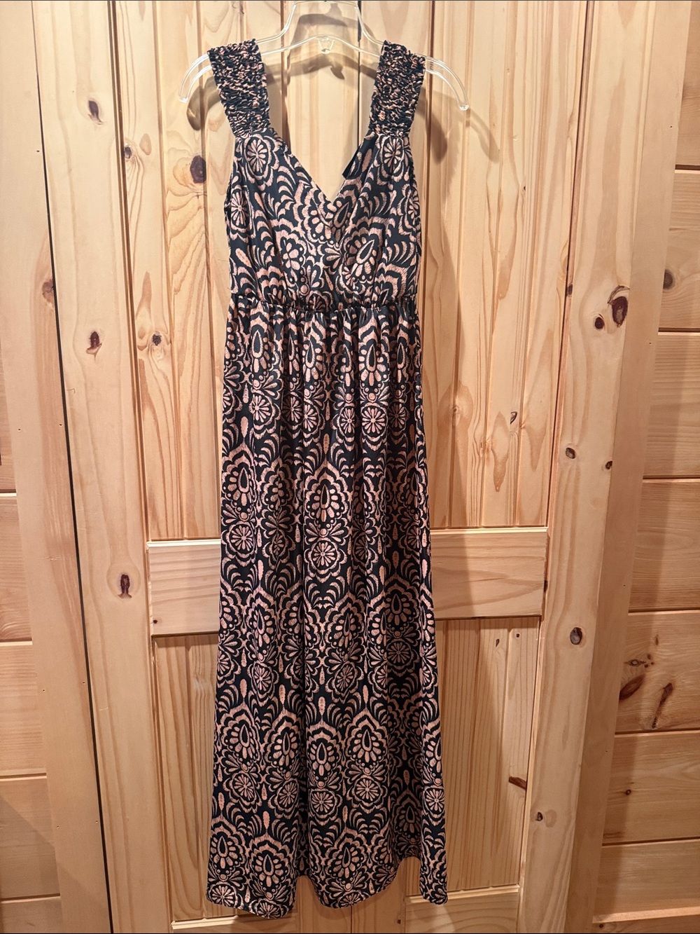Boho Maxi Dress in Navy and Tan – Sleeveless V-Neck